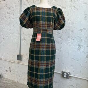NWT Ivy City holly plaid dress puff sleeves green midi Women’s Size SMALL